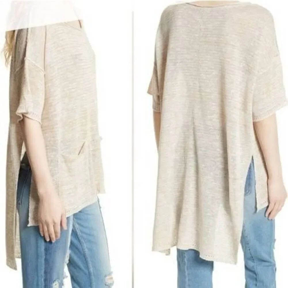 Free People Light Bright Oversized Linen Lagenlook Short Sleeve Sweater Tunic XS